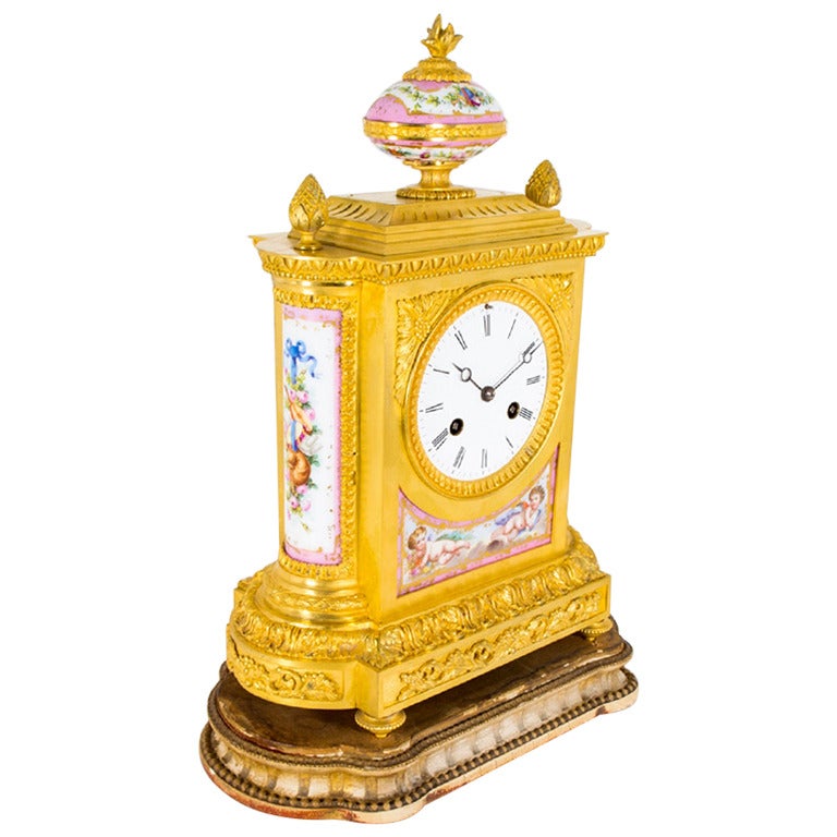 Antique French Ormolu Pink Sevres Porcelain Clock c1880