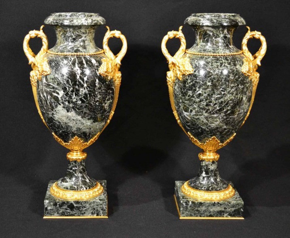 Antique Pair of Stunning French Green Marble Urns