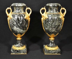 Antique Pair of Stunning French Green Marble Urns 