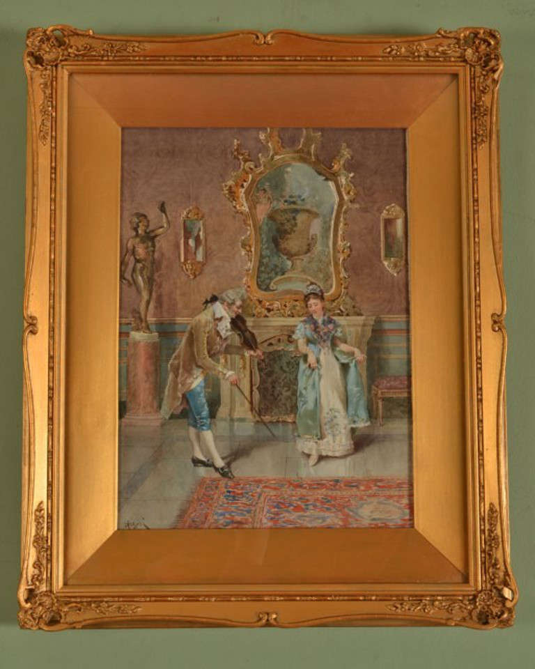 Antique Water Colour by Argusi 'The Serenade' 19th Century