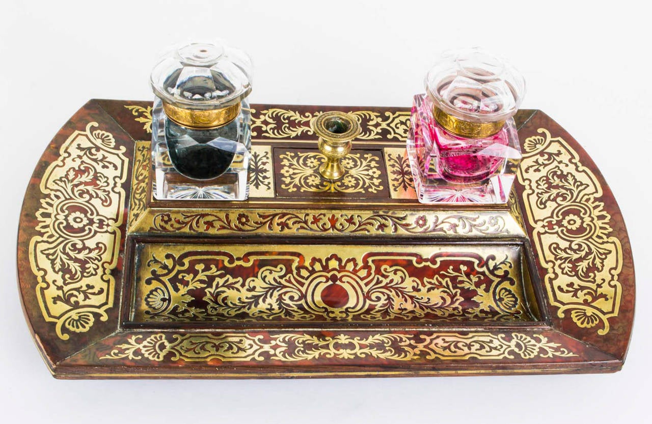 English Antique George IV Boulle Marquetry Inkstand circa 1820