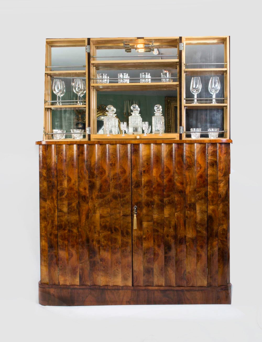 English Antique Art Deco Burr Walnut Cocktail Bar, circa 1920