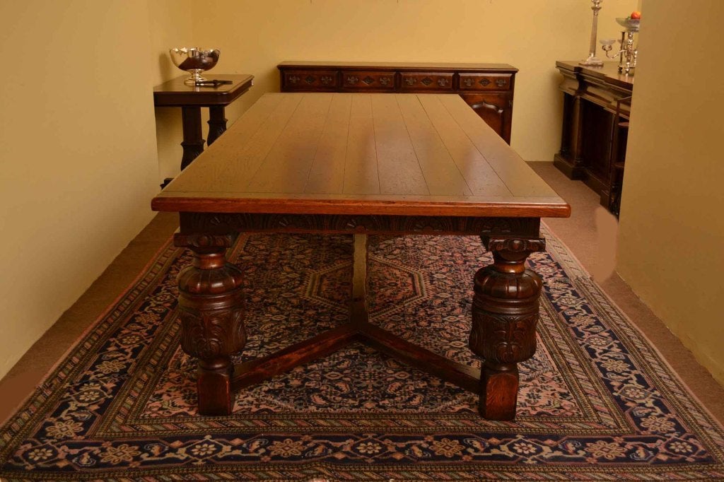 An extremely rare opportunity to own a complete suite of high quality solid oak Jacobean style dining room furniture sold by Harrods (see attached invoice) in July 1998 for the sum of £16,436.

The entire suite is in superb condition as it was