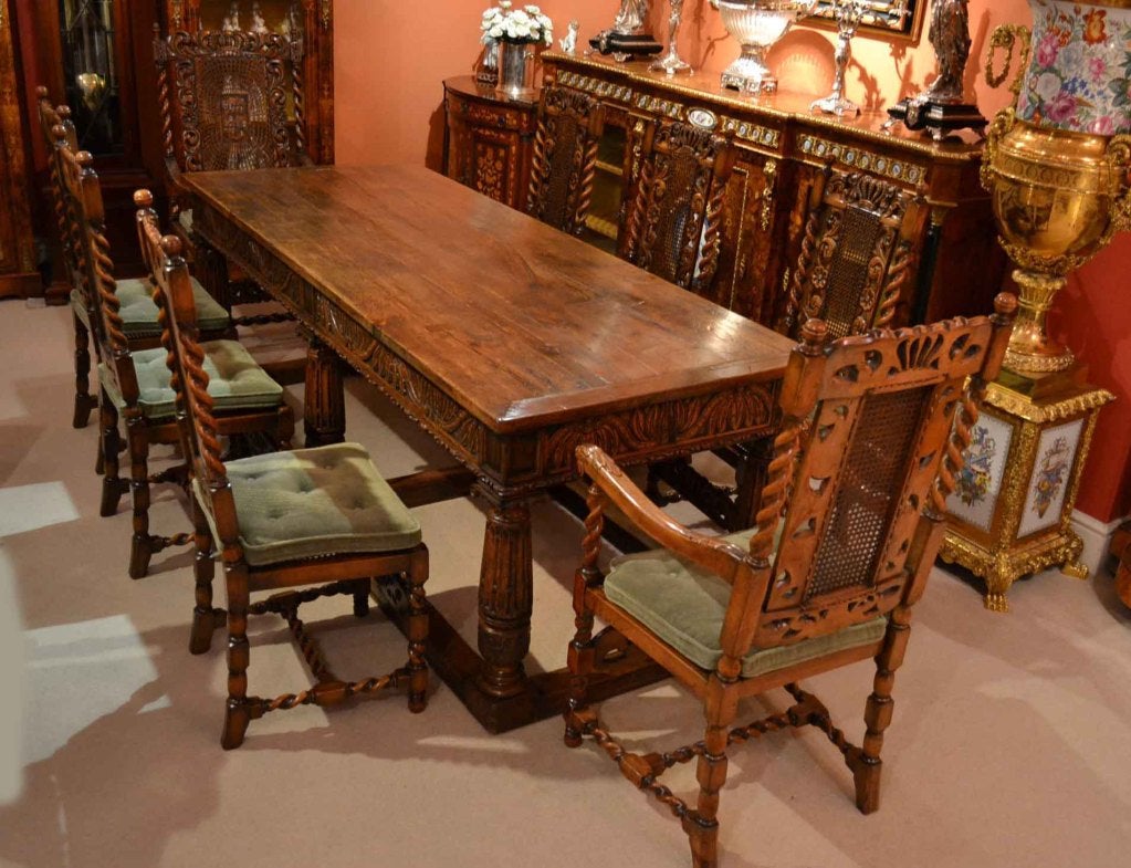 Antique Solid Oak Refectory Dining Table & 8 Chairs 1