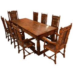 Antique Solid Oak Refectory Dining Table & 8 Chairs