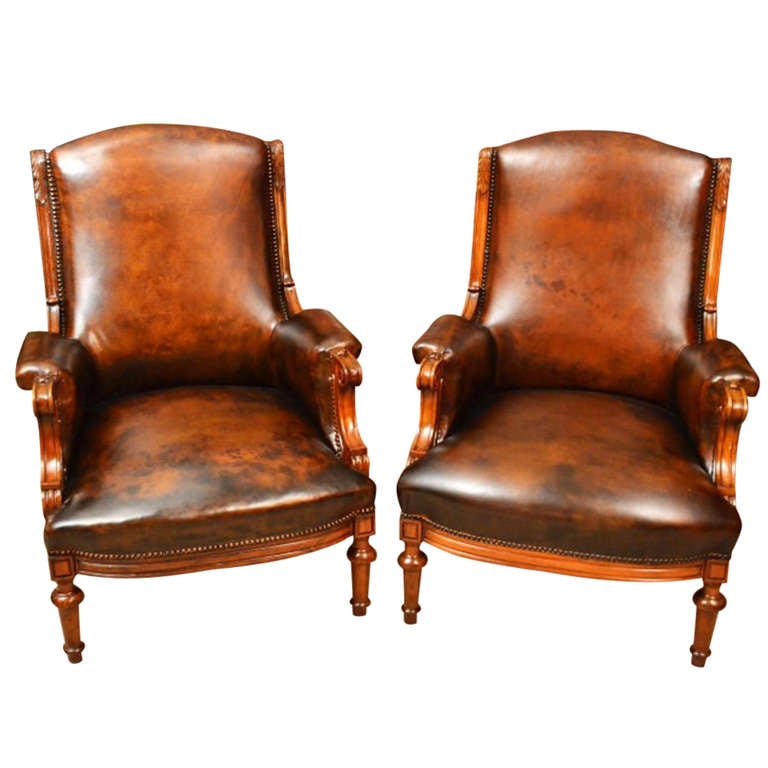 Antique English Victorian Pair Leather Armchairs c.1880 at ...