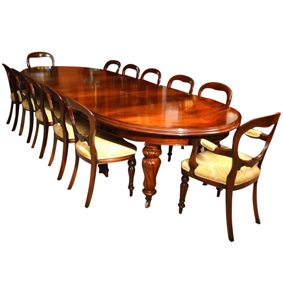 Antique table à manger victorienne de 12 pieds & 12 chaises c.1860