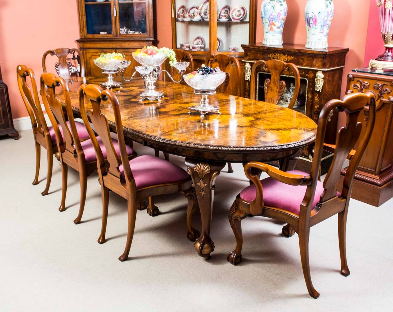 Antique Queen Anne Style Dining Table And Eight Chairs Circa 1920