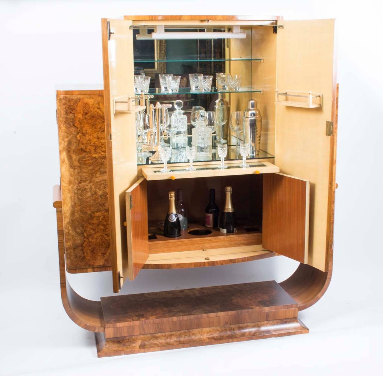 English Antique Art Deco Burr Walnut Cocktail Cabinet Bar, circa 1920