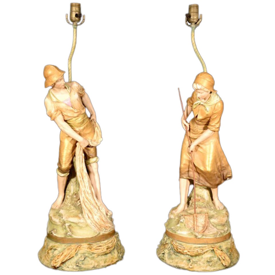 Antique Pair of Royal Dux Porcelain Lamps c.1890