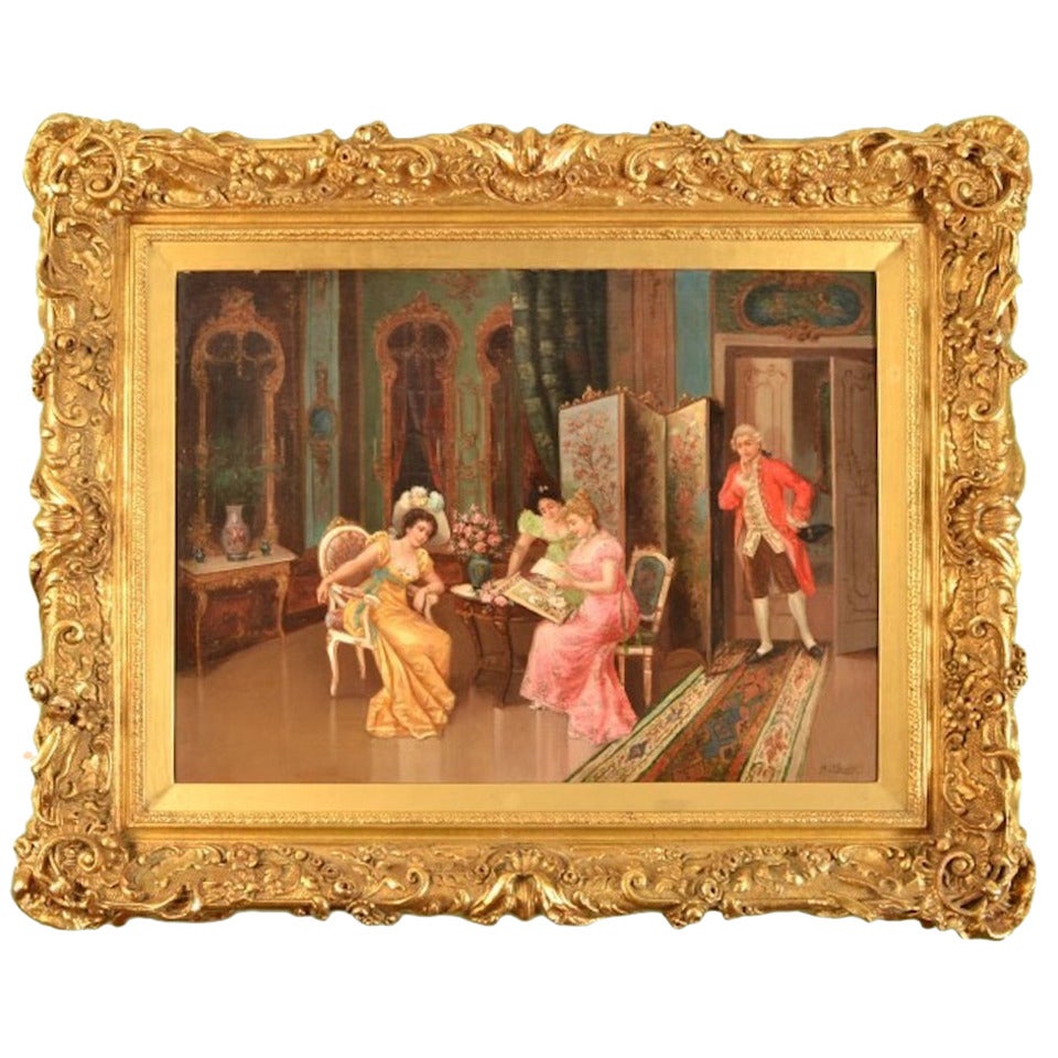 Antique Italian Oil Painting, "The Handsome Eavesdropper"