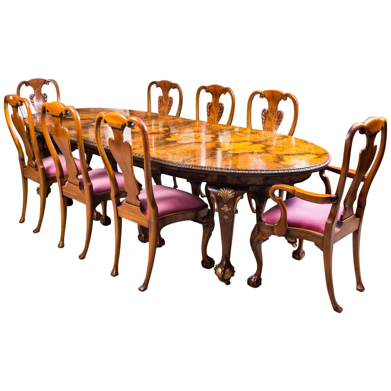 Antique Queen Anne Style Dining Table and Eight Chairs, circa 1920