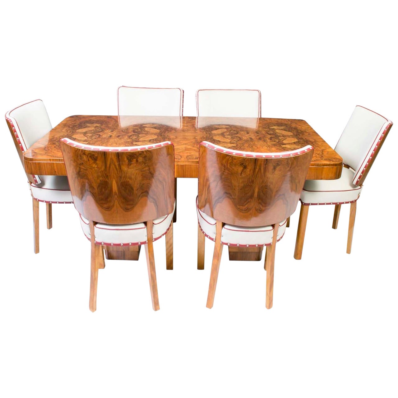 Antique Art Deco Walnut Dining Table and Six Chairs, circa 1920