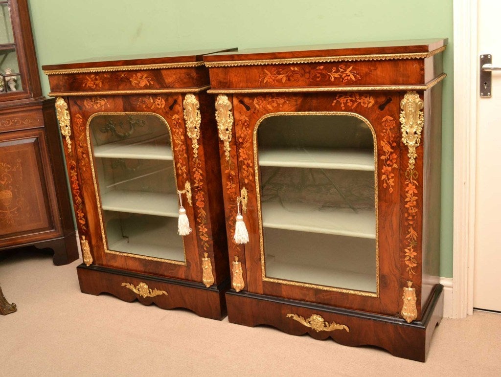 English Antique Pair of Victorian Marquetry Pier Cabinets c.1860