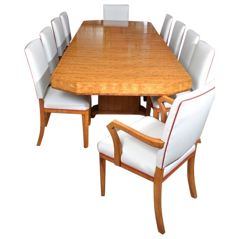 Antique Art Deco Satinwood Dining Table with Ten Chairs