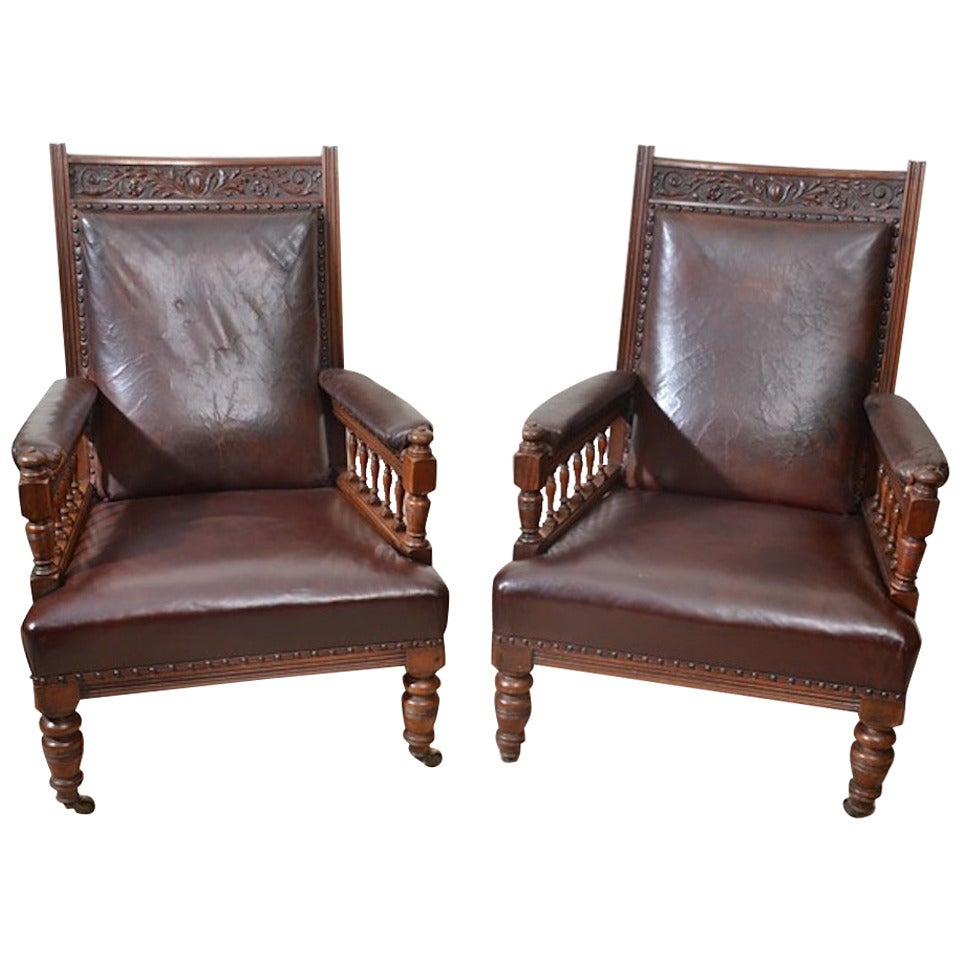 19th Century Pair of English Leather Armchairs