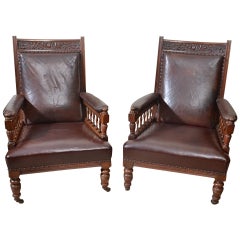 Antique 19th Century Pair of English Leather Armchairs
