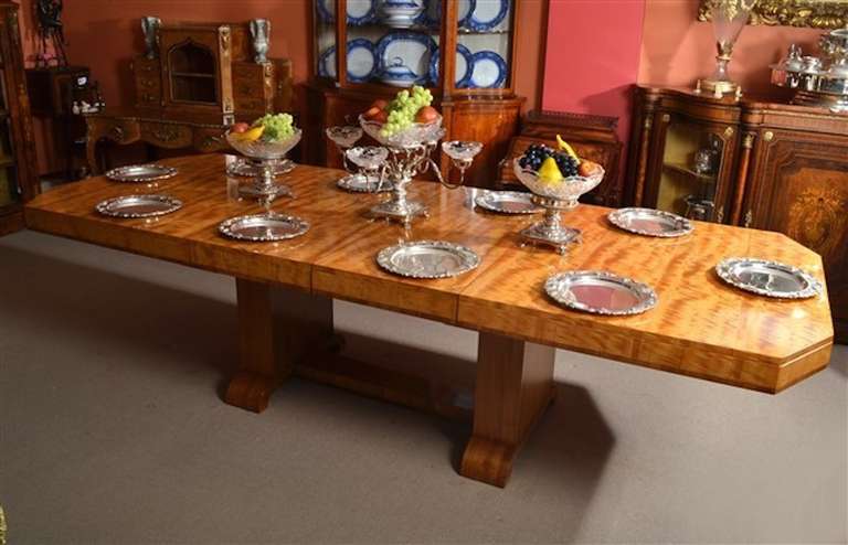 English Antique Art Deco Satinwood Dining Table with Ten Chairs