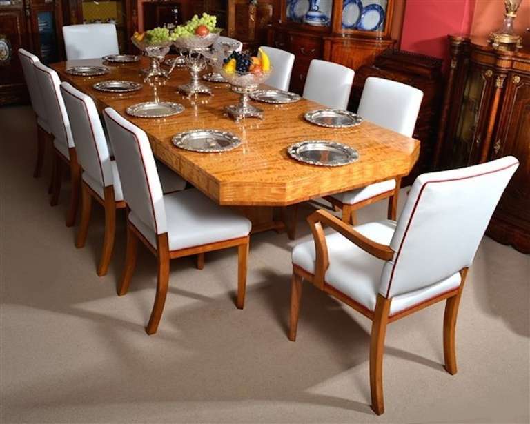 20th Century Antique Art Deco Satinwood Dining Table with Ten Chairs