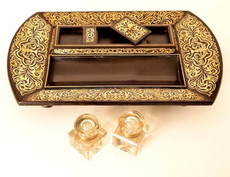 19th Century Antique French Boulle Cut Brass Inlaid Inkstand