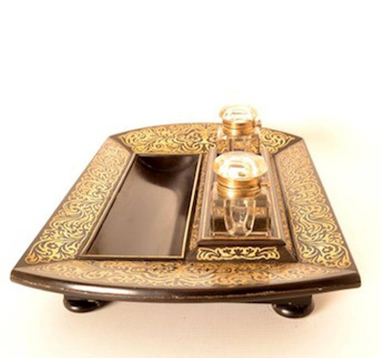 Antique French Boulle Cut Brass Inlaid Inkstand 3