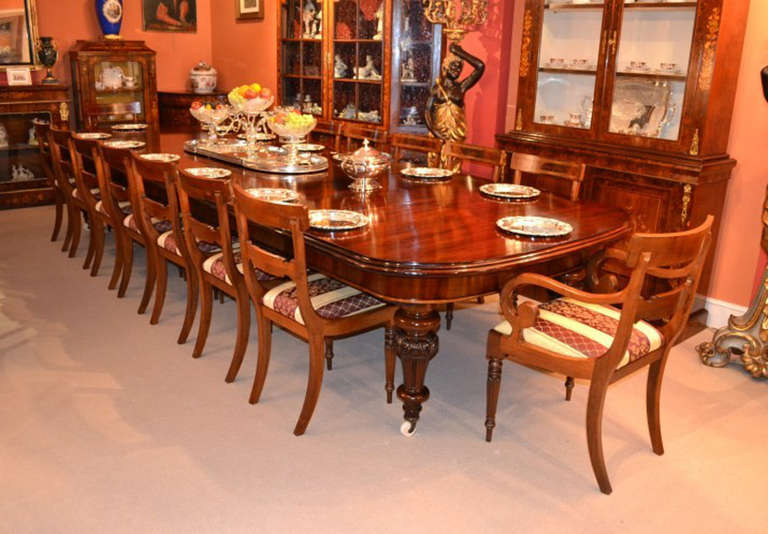 English Antique 15ft Dining Table circa 1860 & 16 Inlaid Chairs