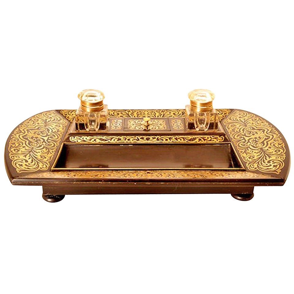 Antique French Boulle Cut Brass Inlaid Inkstand