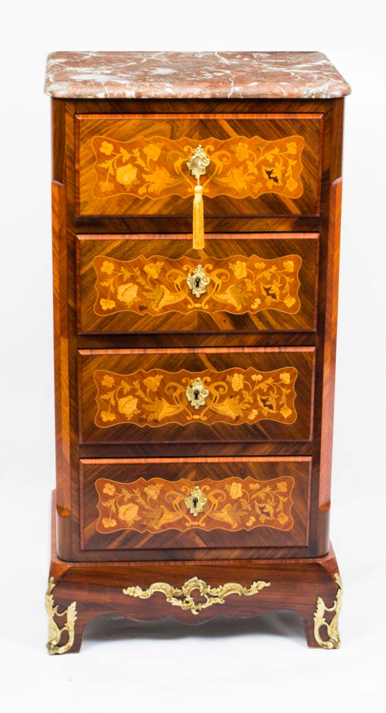 This is a beautiful antique French rosewood secretaire chest with fabulous floral marquetry decorations, circa 1860 in date. 

The piece was skillfully crafted in rosewood and features lovely ormolu mounts with original locks and a key. 

The