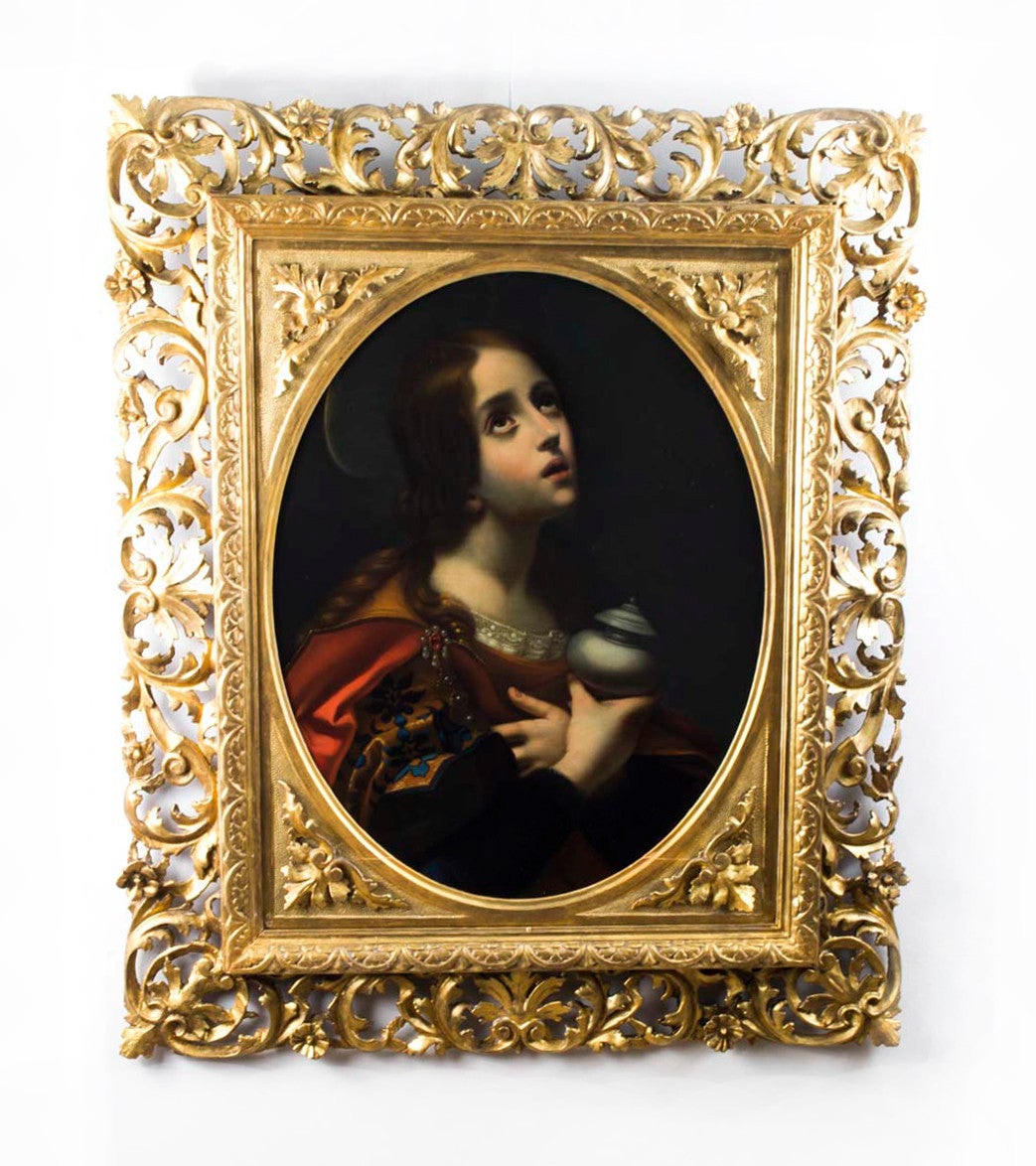 This is a beautiful pair of oil on canvas paintings depicting St. Mary Magdalene & The Angel of the Annunciation, after the originals by Carlo Dolci (1616-1686), Italian School, and the date from circa 1860. 

The original Mary Magdalene by Dolci