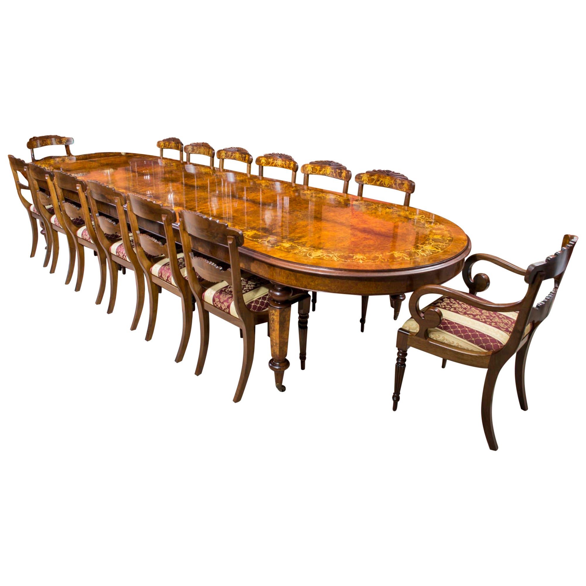 Vintage Burr Walnut Inlaid Dining Table with 14 Chairs