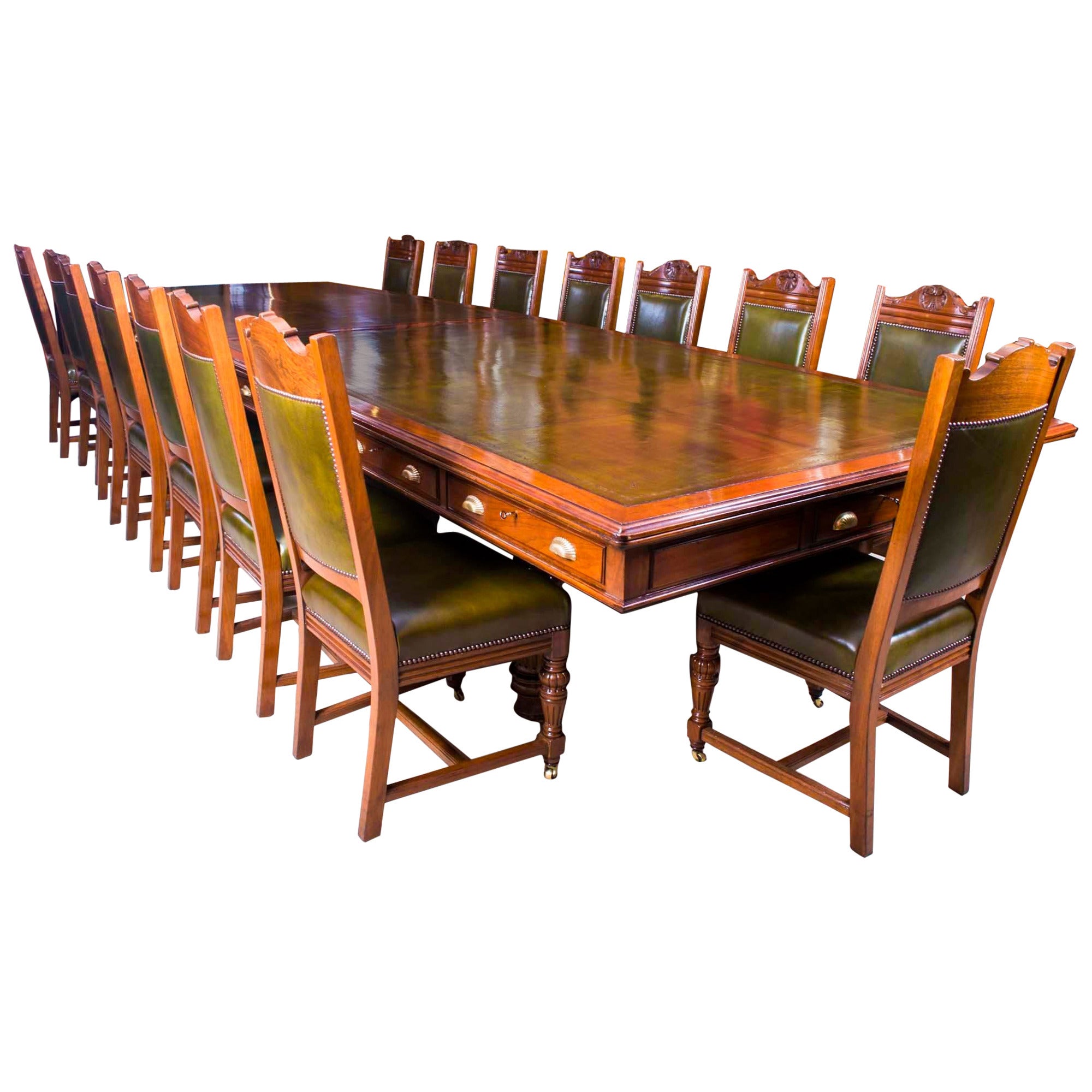 Antique Victorian Boardroom Table with 16 Chairs, circa 1850