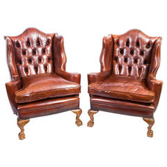 Antique Pair of English Leather Wingback Armchairs, circa 1900