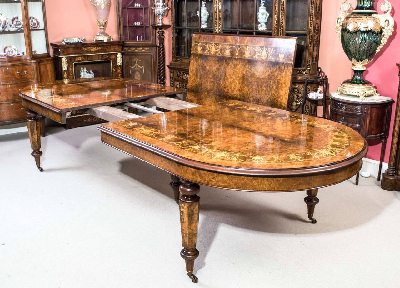 English Vintage Burr Walnut Inlaid Dining Table with 14 Chairs