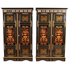 Antique Pair French Marquetry Cabinets Wardrobes