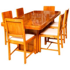 Antique Art Deco Walnut Dining Table and Six Chairs, circa 1920