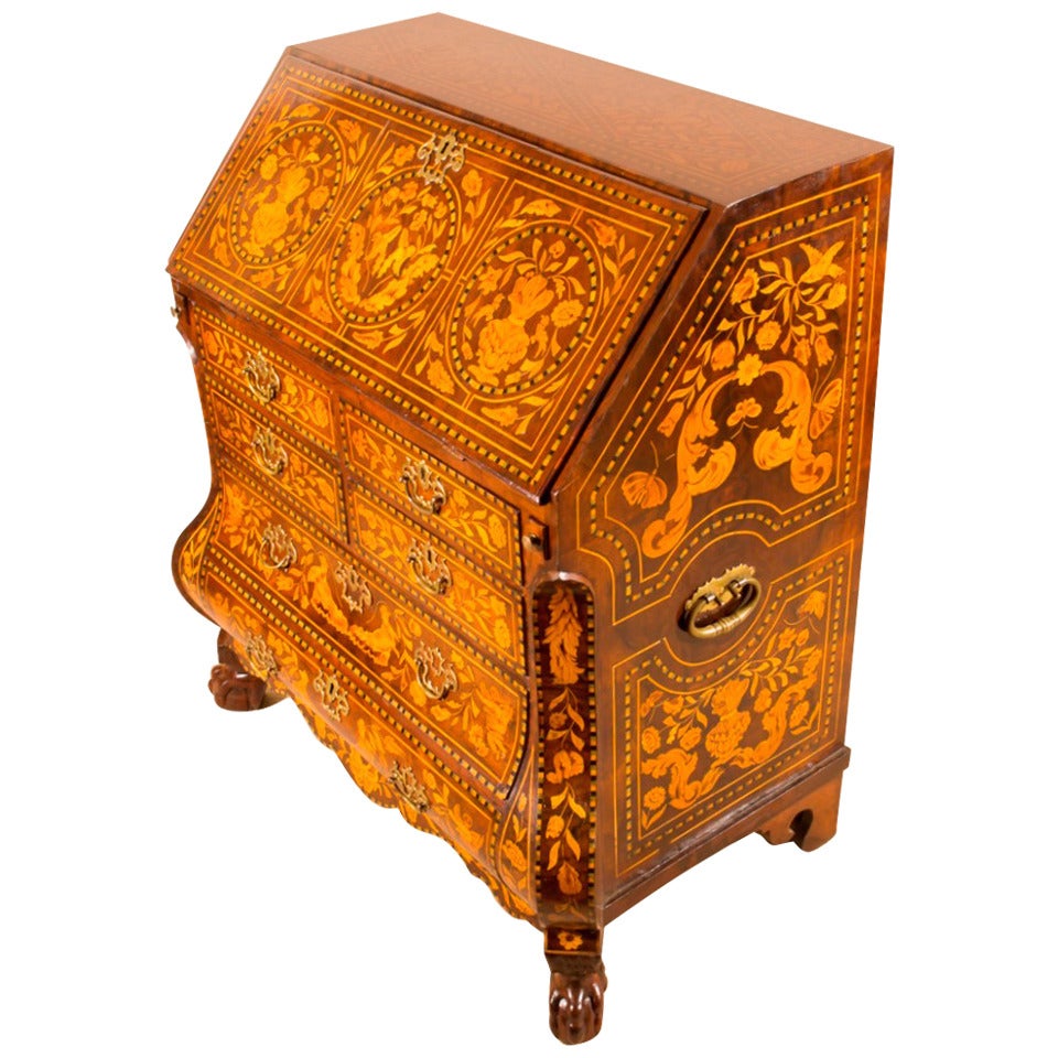 Antique Dutch Marquetry Walnut Bombe Bureau, circa 1780