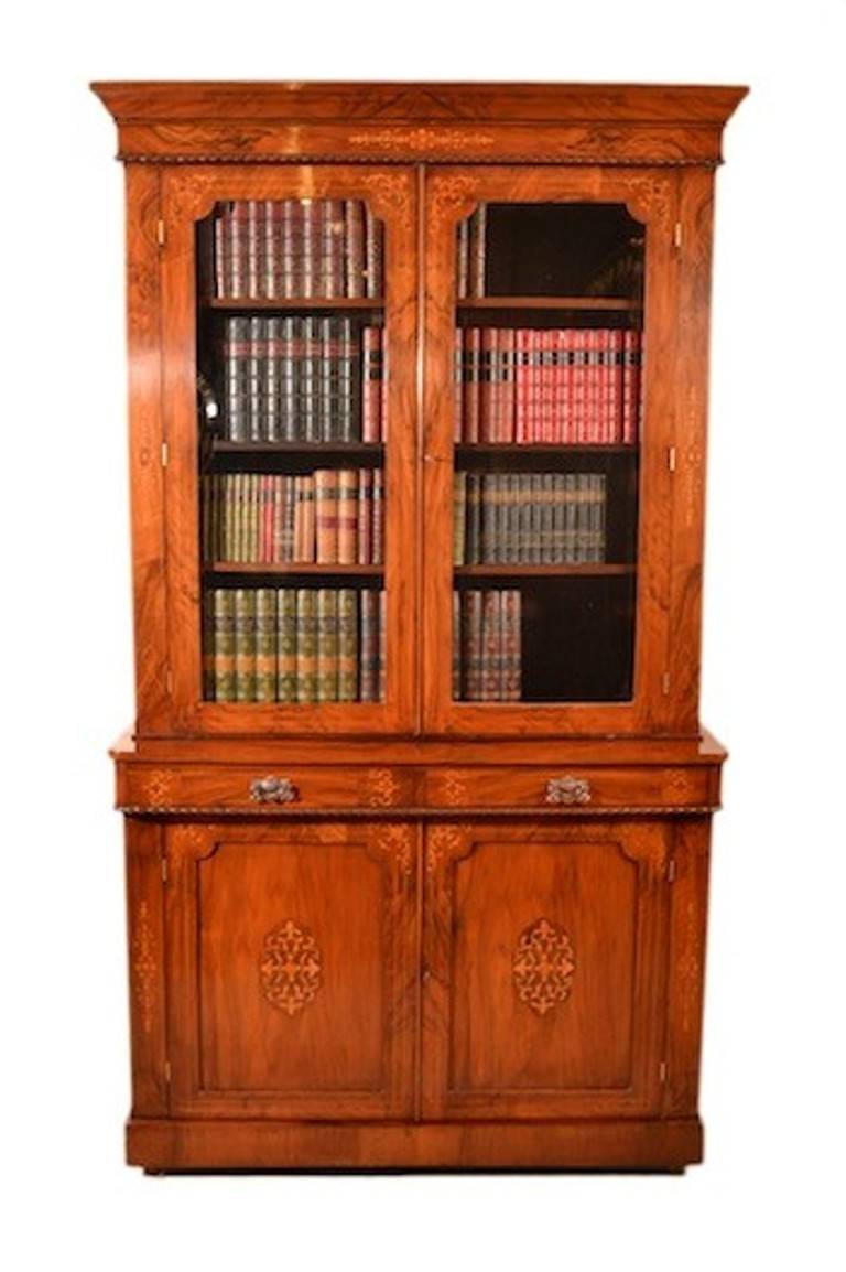 Antique Victorian Burr Walnut and Inlaid Bookcase, circa 1880