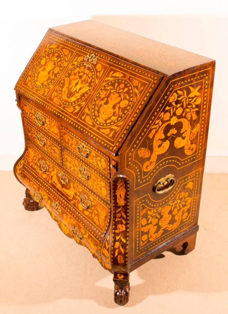 This is a stunning, antique Dutch walnut and marquetry bureau, circa 1780 in date. 

It has been accomplished in burr walnut, with exquisite hand cut floral marquetry typical of the best pieces of period Dutch furniture. 

The fall opens to