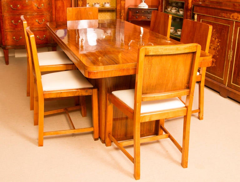 Antique Art Deco Walnut Dining Table and Six Chairs, circa 1920 image 