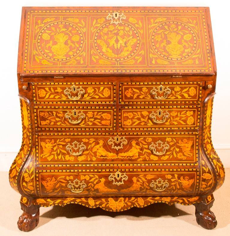 Antique Dutch Marquetry Walnut Bombe Bureau, circa 1780 In Excellent Condition In London, GB