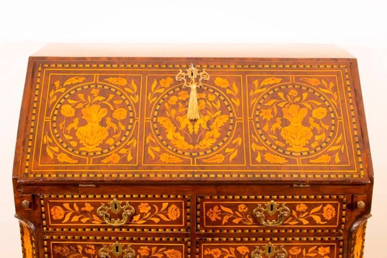 Antique Dutch Marquetry Walnut Bombe Bureau, circa 1780 1