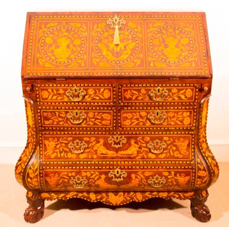 Antique Dutch Marquetry Walnut Bombe Bureau, circa 1780 2
