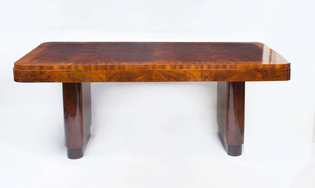 Antique Art Deco Walnut Rosewood Dining Table with Six Chairs