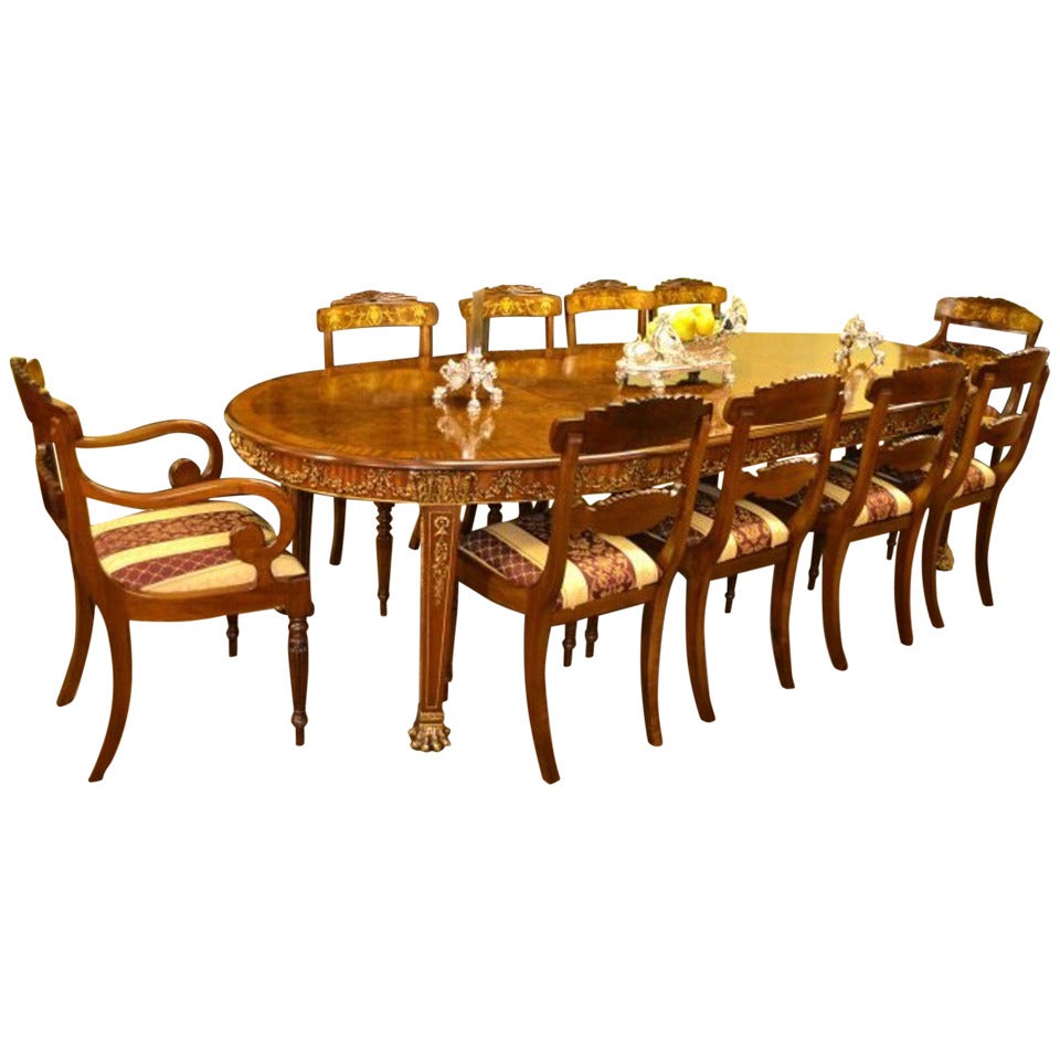 Antique Walnut & Ormolu Dining Table & 10 chairs c.1920