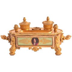 Antique French Ormolu & Porcelain Inkstand c.1870