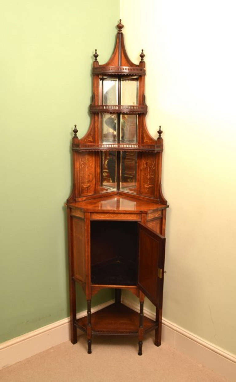English Antique Edwardian Rosewood Inlaid Corner Cabinet c.1900