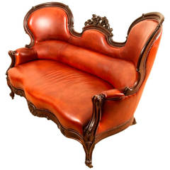 Antique Victorian Walnut Leather Sofa Settee c.1860