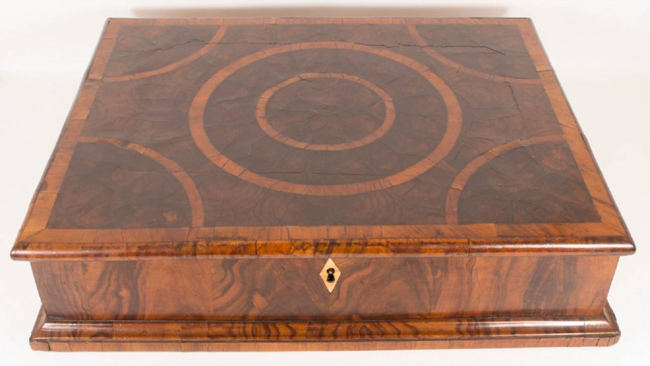 This is a fabulous antique William & Mary burr walnut and olive wood oyster veneered lace box, inlaid with boxwood and circa 1680 in date. 

This amazing box has a lidded top which opens to reveal a lined interior which was used for storing lace