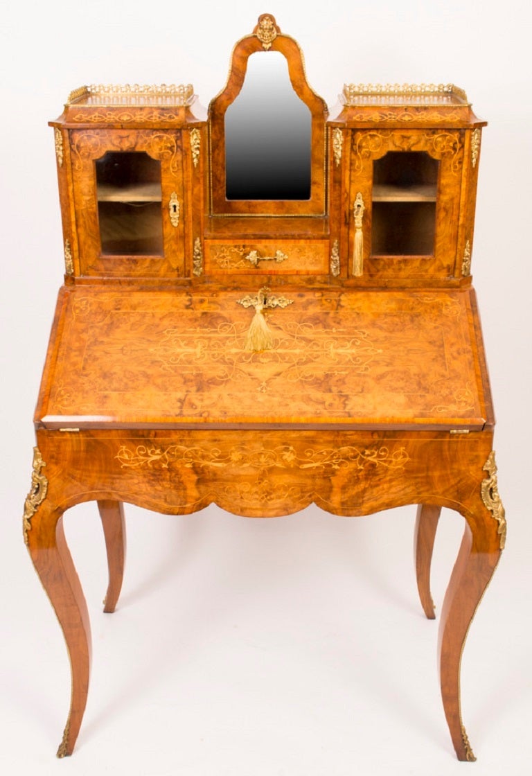 Antique Victorian Walnut Inlaid Bonheur Du Jour c.1860