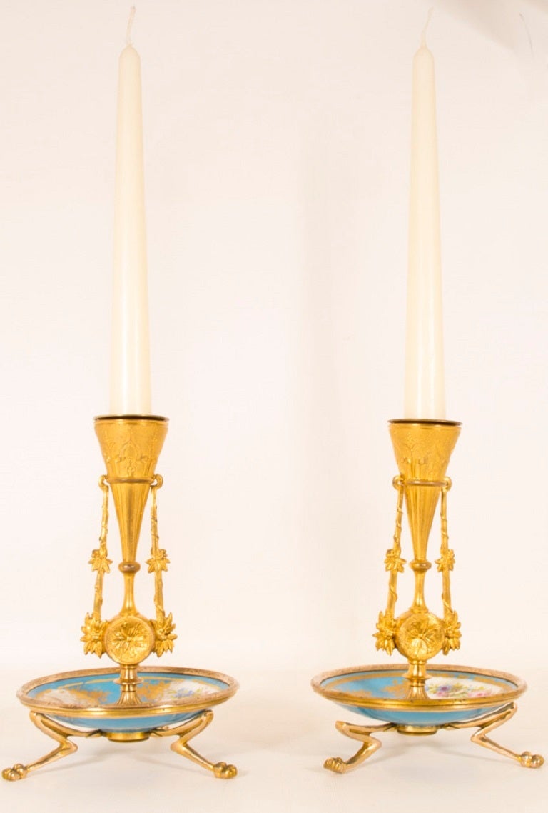 French Antique Pair Sevres Porcelain Ormolu Candlesticks c1880